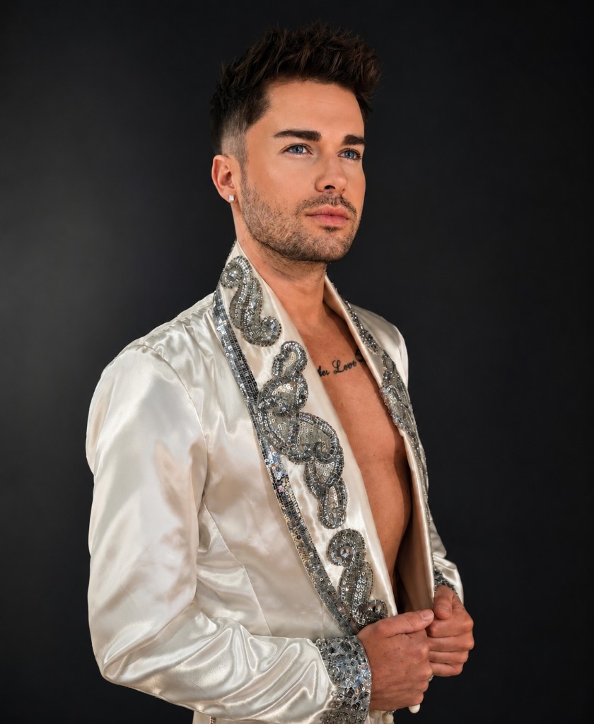 Artiste en veste blanche satin brodée de sequins argentés