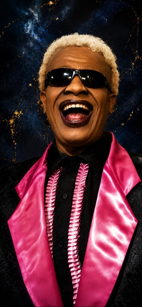 Artiste souriant, veste noire à larges revers roses